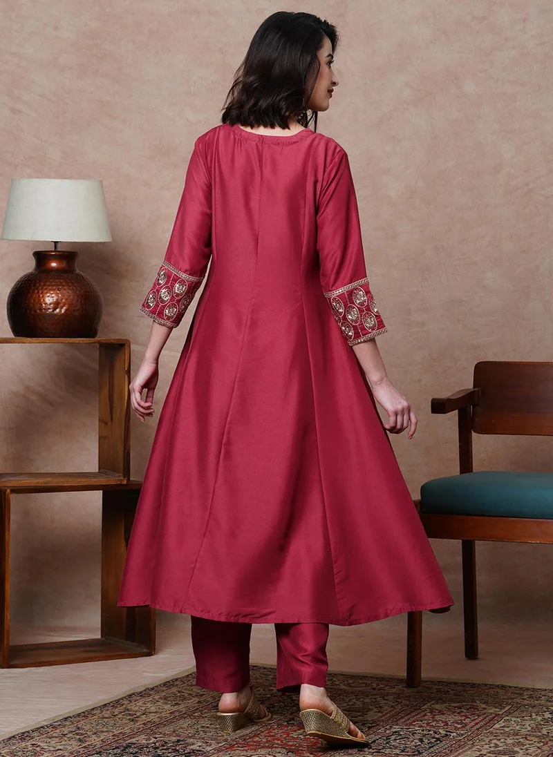 globus Maroon Globus Women Floral Embroidered Sequinned A Line Kurta & Trouser Festive Set for Women | Best Price UAE
